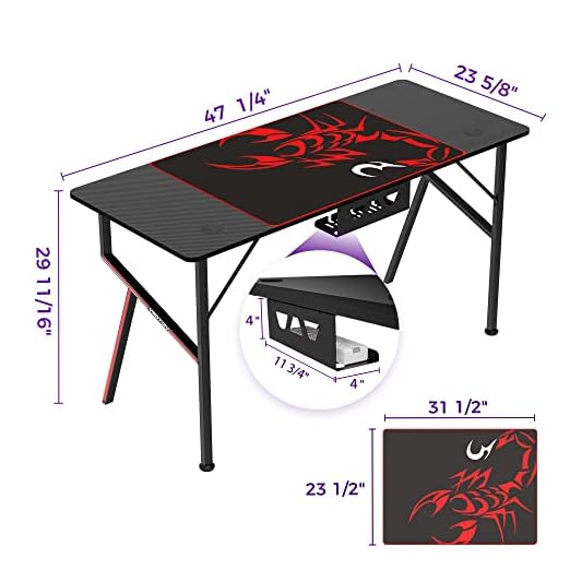 It's_Organized Gaming Desk 55 inch PC Computer Desk, K-Frame Home Office Desk Professional Gamer Workstation with Cup Holder Headphone Hook Gaming Handle Rack Free Mousepad, Black