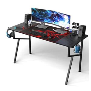 It's_Organized Gaming Desk 55 inch PC Computer Desk, K-Frame Home Office Desk Professional Gamer Workstation with Cup Holder Headphone Hook Gaming Handle Rack Free Mousepad, Black