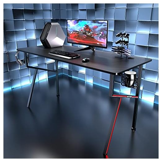 It's_Organized Gaming Desk 55 inch PC Computer Desk, K-Frame Home Office Desk Professional Gamer Workstation with Cup Holder Headphone Hook Gaming Handle Rack Free Mousepad, Black