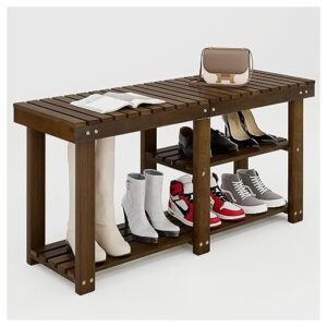 FLYJOE Shoe Rack Bench, 3-Tier Freestanding Wooden Shoe Organizer with Seat, Entryway Bench, Storage Shelf for Kitchen Living Room Bathroom Bedroom, Walnut