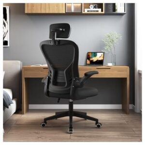 Ergonomic Office Chair,Office Chair, with Lumbar Support & 3D Headrest & Flip Up Arms Home Office Desk Chairs Rockable High Back Swivel Computer Chair White Frame Mesh Study Chair(All Black)